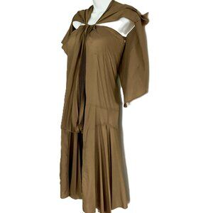 Trussardi Silk Cape Dress Attached Neck Cape Overlay Pleated Open Back IT44